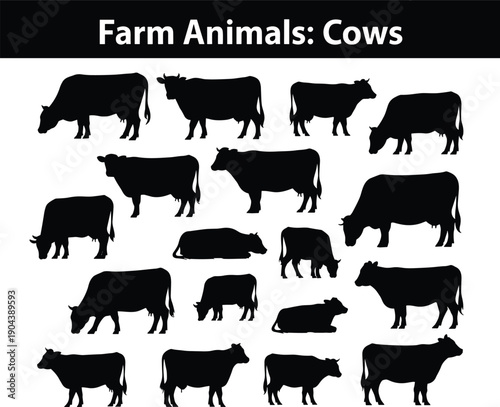 Farm,animals,cow,silhouette,set,cattle,livestock,agriculture,animal,vector,illustration,black,white,isolated,design,icon,collection,ranch,dairy,clipart