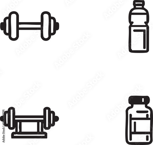 Gym and fitness vector icons: dumbbells, water bottle, supplements eps silhouette