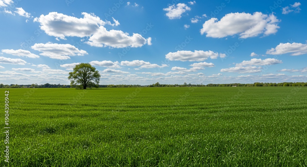 Fototapeta premium Lush Green Field with Solitary Tree under a Bright Blue Sky.
