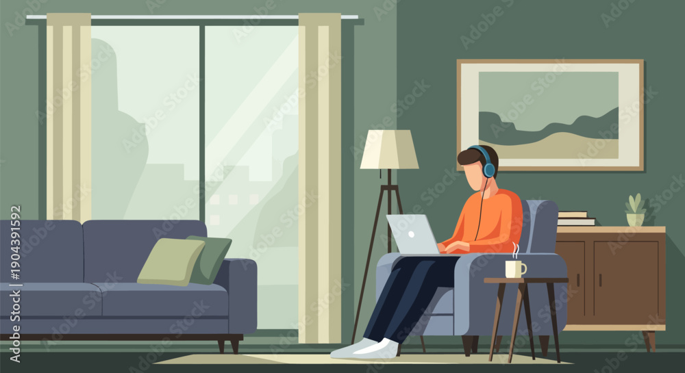 Fototapeta premium Man working from home on laptop in a comfortable setting.