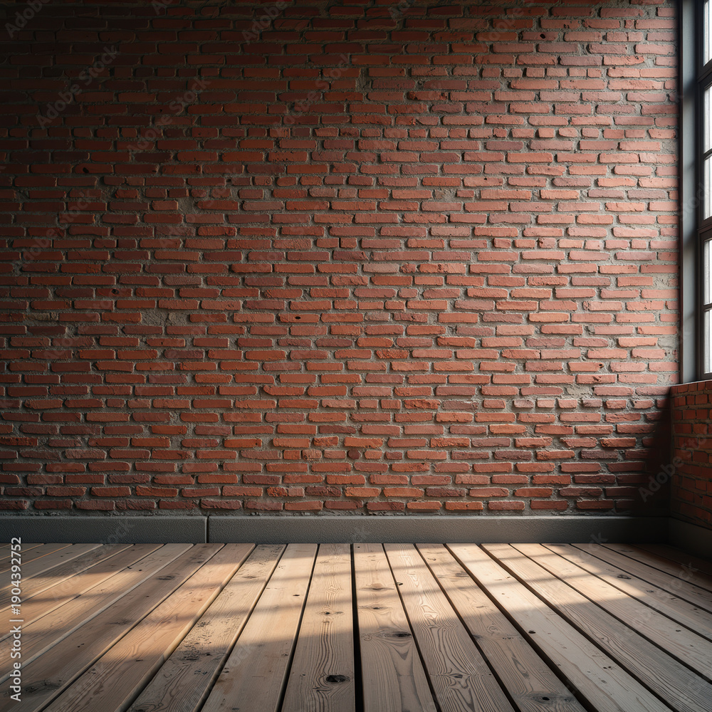 Fototapeta premium Rustic brick wall with wooden floor, natural light creating shadows, warm tones, inviting atmosphere, interior design, home decor