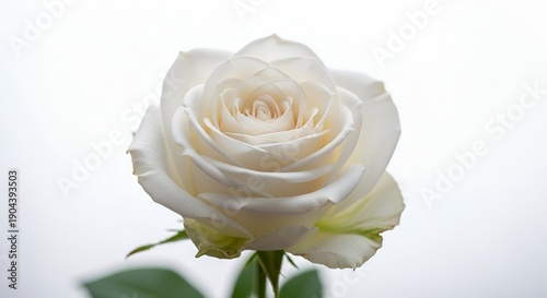 A white rose in full bloom captured from a front view with soft focus on the surrounding leaves