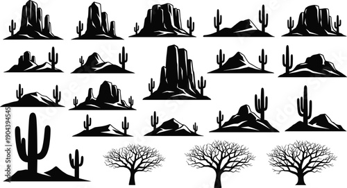 Collection of desert landscape silhouette icons with mountains, rocks, cactus, and dry trees, western vector set for nature logos, travel designs, and scenery