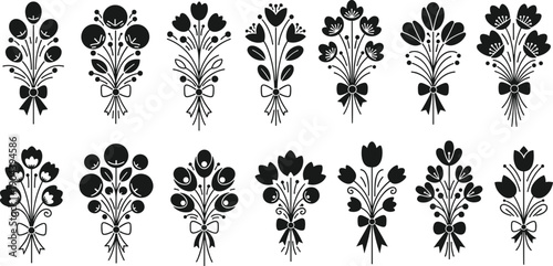 Collection of floral bouquet silhouette icons with decorative leaves, flowers, and ribbons, elegant botanical vector set for wedding designs, logos, cards, and prints