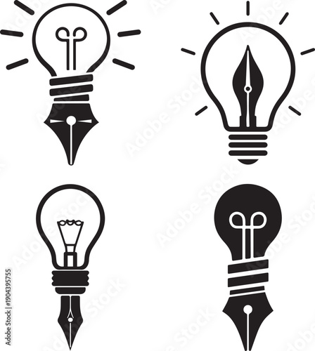 Four lightbulb and pen nib vector illustrations, depicting ideas, writing, creativity and inspiration