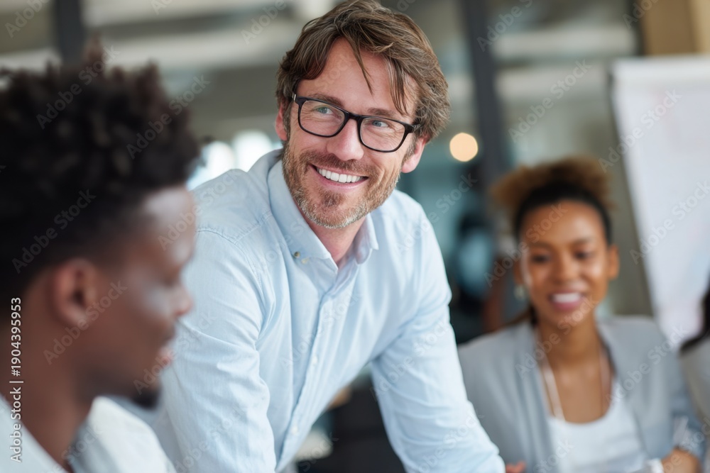 Obraz premium Smiling professional mentor guiding young business professionals in office meeting