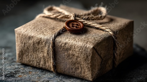 Small Brown Kraft Paper Gift Box Tied with Natural Twine on Rustic Background old wooden box with jewelry