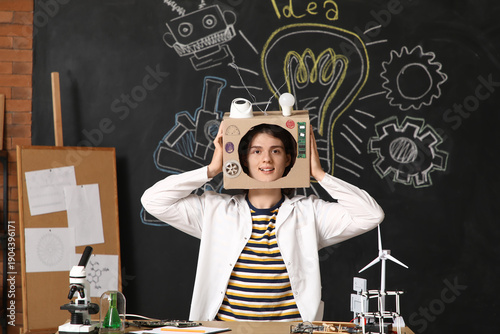 Male inventor with device a...