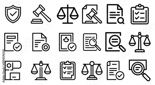 Law and Justice Vector Line Icons Set: Shield, Gavel, Scales, Document, Clipboard, Magnifying Glass, Checkmark, isolated on white
