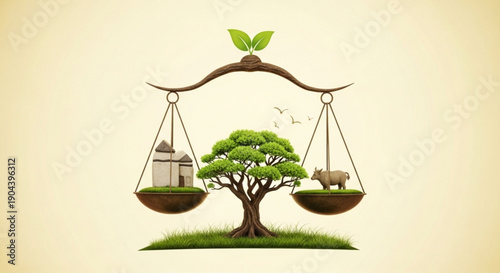 Balancing nature and urbanization with a tree building and cow on a scale symbolizing harmony between environment and development