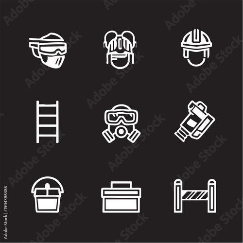 Firefighter safety gear vector icons: helmet, mask, ladder, and more eps silhouette