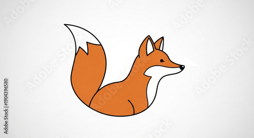 Cartoon orange fox with white tail and neck sitting calmly in profile view on plain background