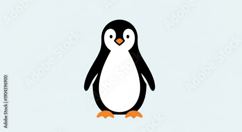 Cute cartoon penguin standing on light blue background with orange beak and feet