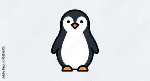 Cute cartoon penguin standing on white background with black and white feathers and orange beak and feet