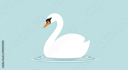 White swan floating calmly on serene light blue water with orange beak and black markings