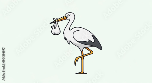 White stork carrying baby in diaper bag standing on one leg minimalist illustration simple background cute design
