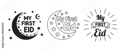 "Playful black and white My First Eid vector design with crescent moon, stars, baby footprints, lanterns, and festive Islamic motifs"