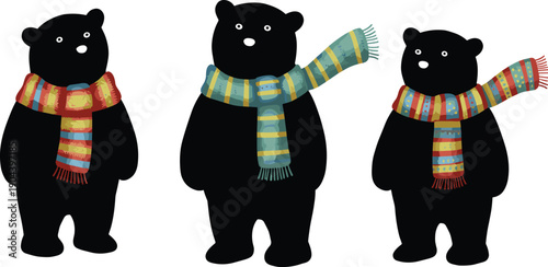 Cartoon bear silhouettes, winter animals wearing scarves, festive holiday vector, family wildlife illustration, colorful scarf artwork, seasonal decorative design, Christmas cartoon scene