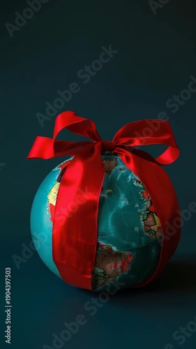 A red ribbon is wrapped around a globe. The globe is blue and has a red bow