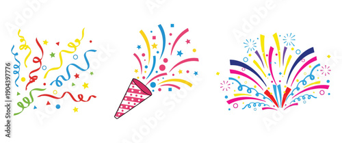 Vibrant confetti and colorful streamers bursting with joy, party popper celebration, festive shapes, stars, and cheerful decorative elements.