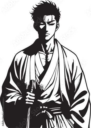 Vector art: samurai warrior illustration, black and white manga style eps silhouette
