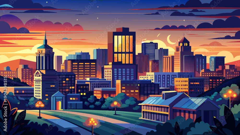 Naklejka premium Very beautiful twilight view of New Haven skyline under dramatic blue and orange skies, as city lights glow and the academic presence of Yale shapes the urban horizon.