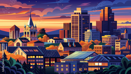 Very beautiful twilight view of New Haven skyline under dramatic blue and orange skies, as city lights glow and the academic presence of Yale shapes the urban horizon.