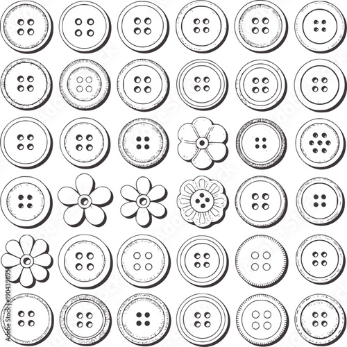 Collection of black and circular buttons and floral shapes circle flower sewing