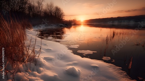 Frozen Calm Lake at Sunset with Sparkling Snow and Cinematic Light Glow sunset on the lake
