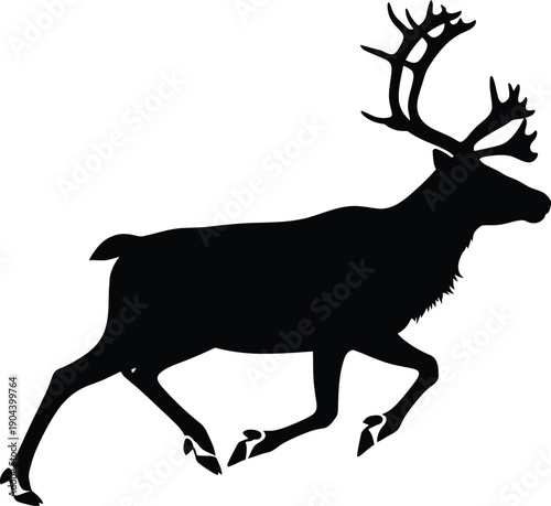Silhouette of a running deer with large antlers on white background
