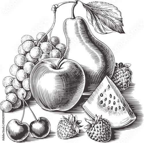 Monochrome etching of assorted fruits including apple pear grapes cherries strawberries and