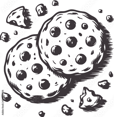 Two hand drawn black and chocolate chip cookies with scattered crumbs