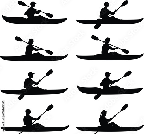 Kayak silhouette icons, people paddling water sport activity, outdoor adventure recreation, river lake boating exercise, fitness lifestyle vector illustration concept