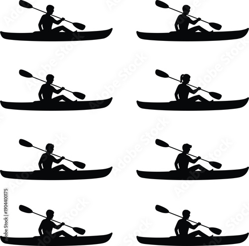 Kayak paddling silhouette icons, outdoor water sport activity, adventure recreation boating exercise, river lake fitness lifestyle, canoeing vector illustration concept