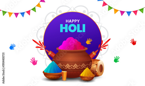 Indian festival happy holi celebration banner template with colorful holi props
