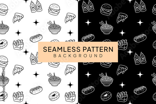 Food Doodle Seamless Pattern with Fast Food Icons Hand Drawn Line Style for wrapping paper. Food layout on black background