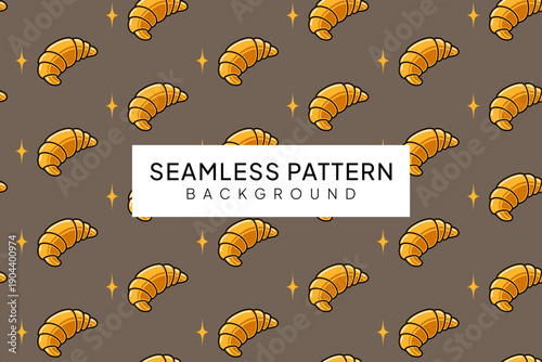 Croissant Seamless Pattern with croissant, french pastry, baked pastry, breakfast pastry, butter pastry for wrapping paper. Food layout on brown background