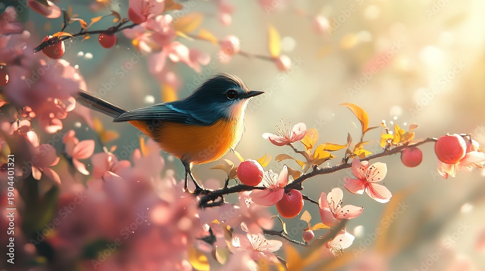 Obraz premium A tit bird flutters in a sunny spring garden, surrounded by pink apple blossoms