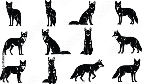 Fox silhouette vector collection showing multiple poses and angles, black woodland animal illustration for wildlife logos, forest design projects, nature graphics set