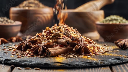 Spices Falling onto Pile on Slate Board.