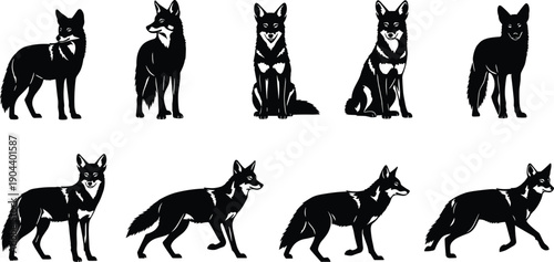 Fox silhouette vector set featuring multiple standing and walking poses, black woodland animal illustration for wildlife logos, forest design elements and nature graphics