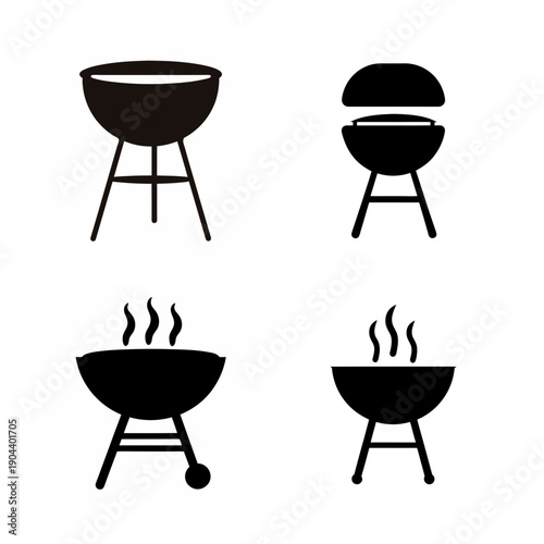 Four different illustrations of barbecue grills in various states of use
