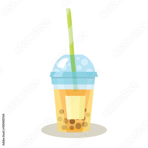 Vector Asian bubble tea with orange rink and tapioca pearls in plastic cup.