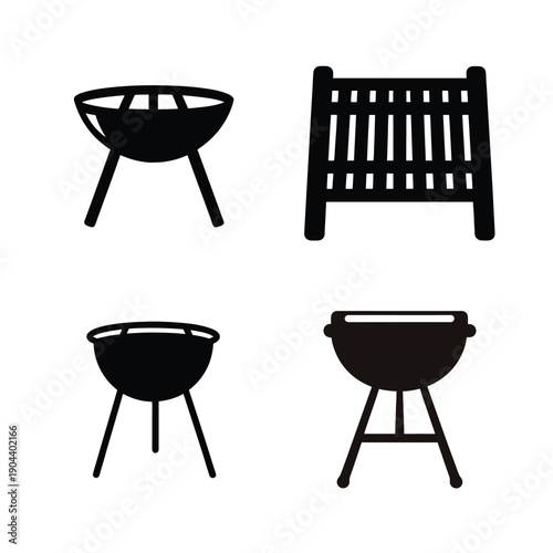 Four types of barbecue grills and a grill screen for outdoor cooking setups