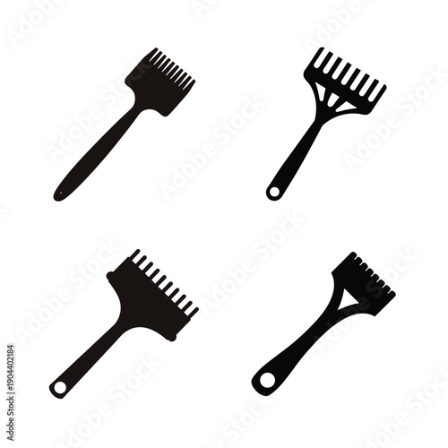 Four types of brushes with different bristle arrangements and handle designs shown in black and white