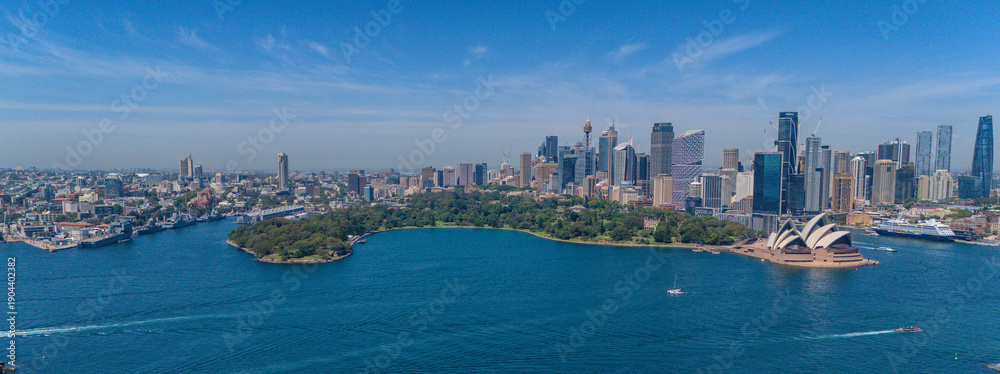 Fototapeta premium 7 February 2026 Panorama Aerial View of Sydney Harbour Circular Quay cruise Liner on a nice Summer day beautiful Sky in Sydney NSW Australia