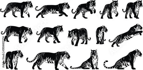 Large collection of black and white tiger silhouettes in various poses including walking jumping and sitting isolated on white background for creative design projects