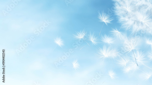 Ethereal Dandelion Seeds Drifting Gracefully Through a Soft Blue Sky in a Dreamy Landscape Scene in High Resolution