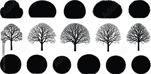 Large collection of black tree silhouettes with bare branches and round leafy bush shapes isolated on white background for landscape gardening and architectural design projects