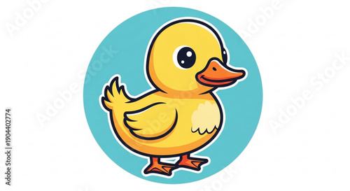 Cute cartoon yellow duckling waves on teal background with white outline and black eyes